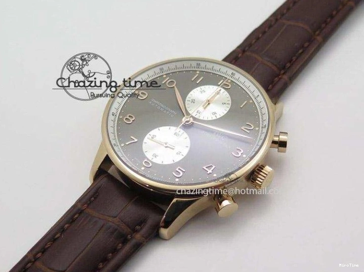 MIROTIME 0110 Original Portuguese 40mm Chrono RG Gray Dial Sliver Subdial on Leather Strap A 7392